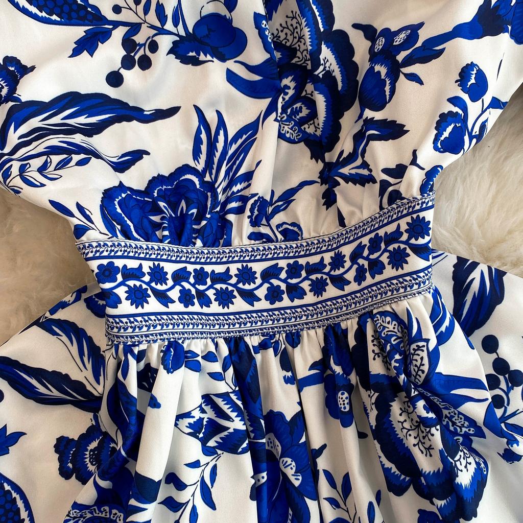 Summer Women Designer Vintage Print Runway Dress Elegant V-neck Single Breasted Party Dresses