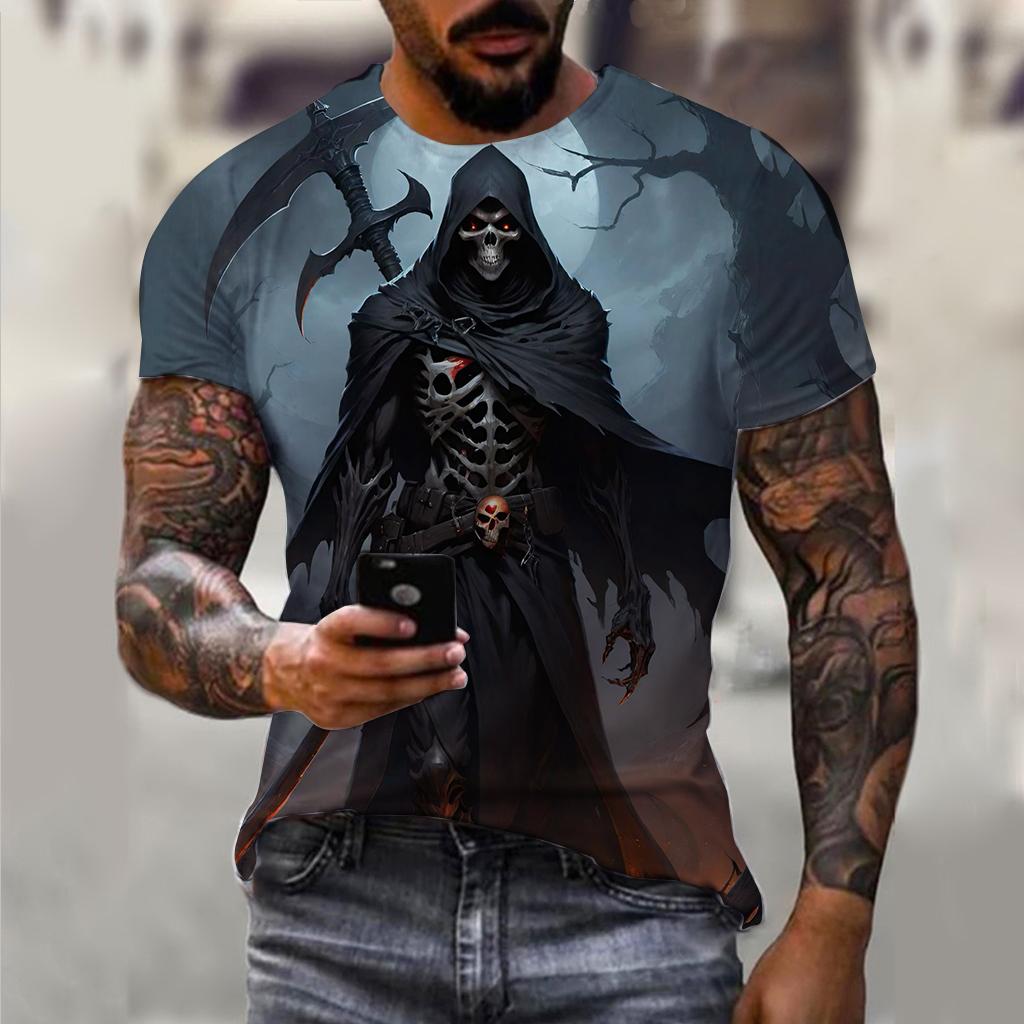 Summer Round Neck 3D Horror Skull Print Top Fashionable Casual Short Sleeved Men's T-shirts