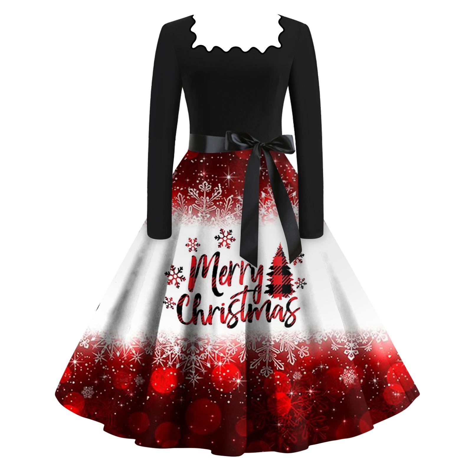 

Женские повседневные модные платья с длинными рукавами и рождественским принтом с квадратным вырезом в винтажном стиле XL