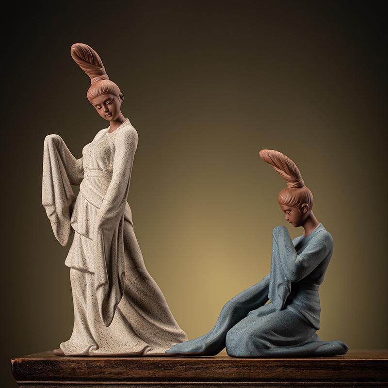 Zen Chinese Ancient Dancing Statue for Women, Beautiful Women Statues, Ceramic, Purple Sand, Tea Room Decorations, Gift