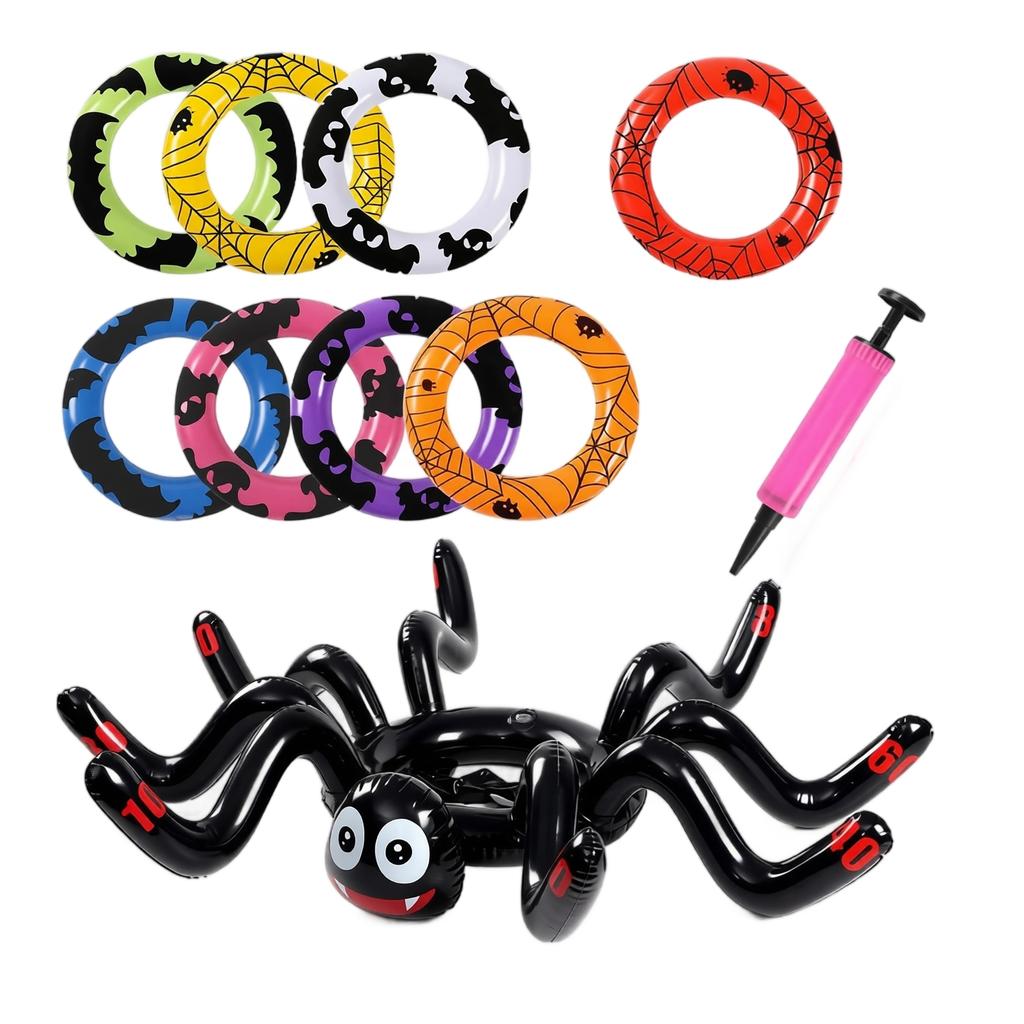 Inflatable Spider Ring Toss Game Set with Large Spider and Multiple Toss Rings for Indoor Outdoor Party Activities Halloween Event Decorations