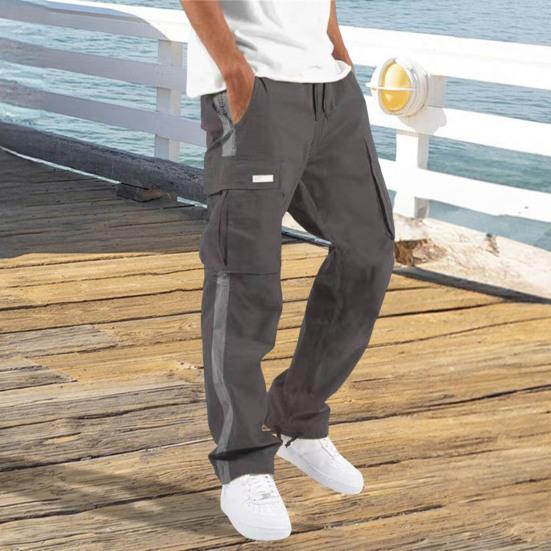 Men Pants with Multi Pockets Drawstring Elastic Waist Wide Leg Loose Cargo