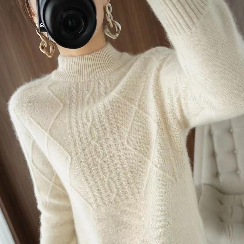 Half Turtleneck Sweater for Women Solid Color Casual Warm Knitted Sweater Thickened Loose Long-sleeved Pullover Autumn and Winter