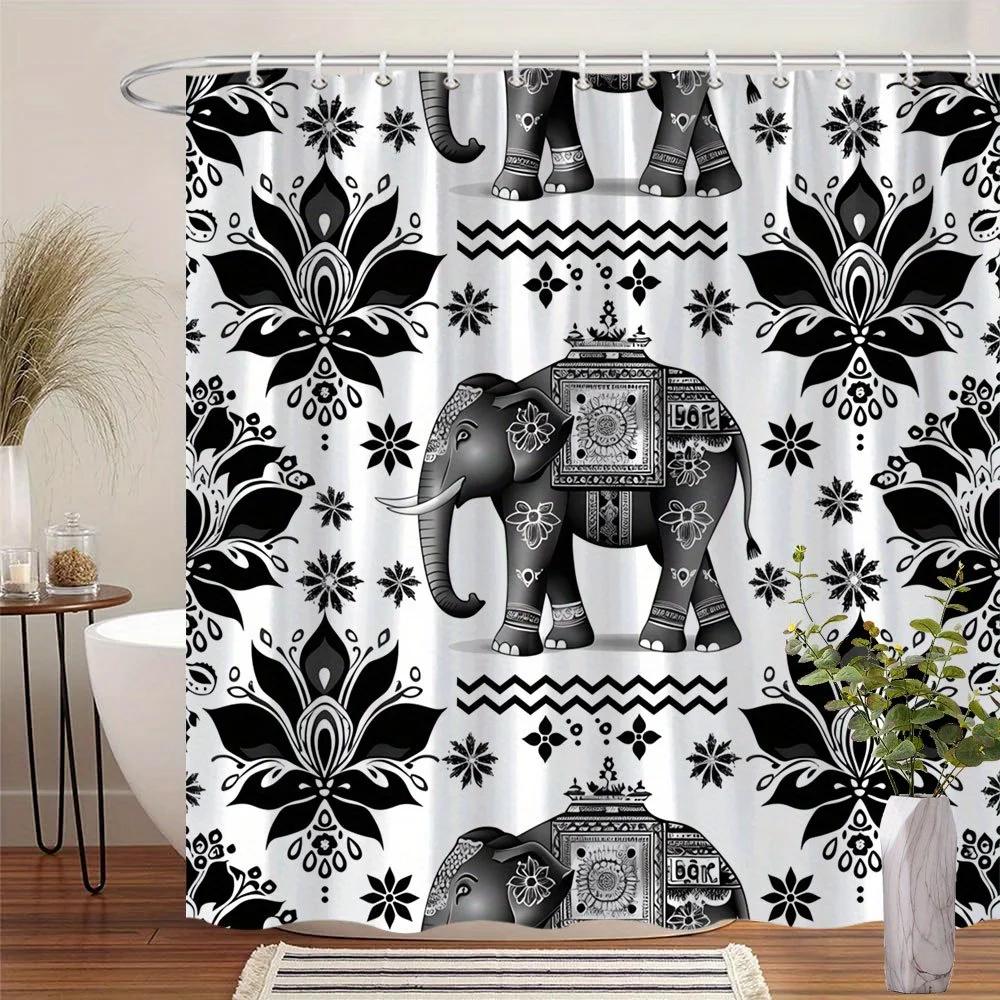 Mandala Elephant Shower Curtain, Black White Intricate Design, Symmetrical Floral Patterns, Indian Art Style,  12 Hooks W90xH180cm