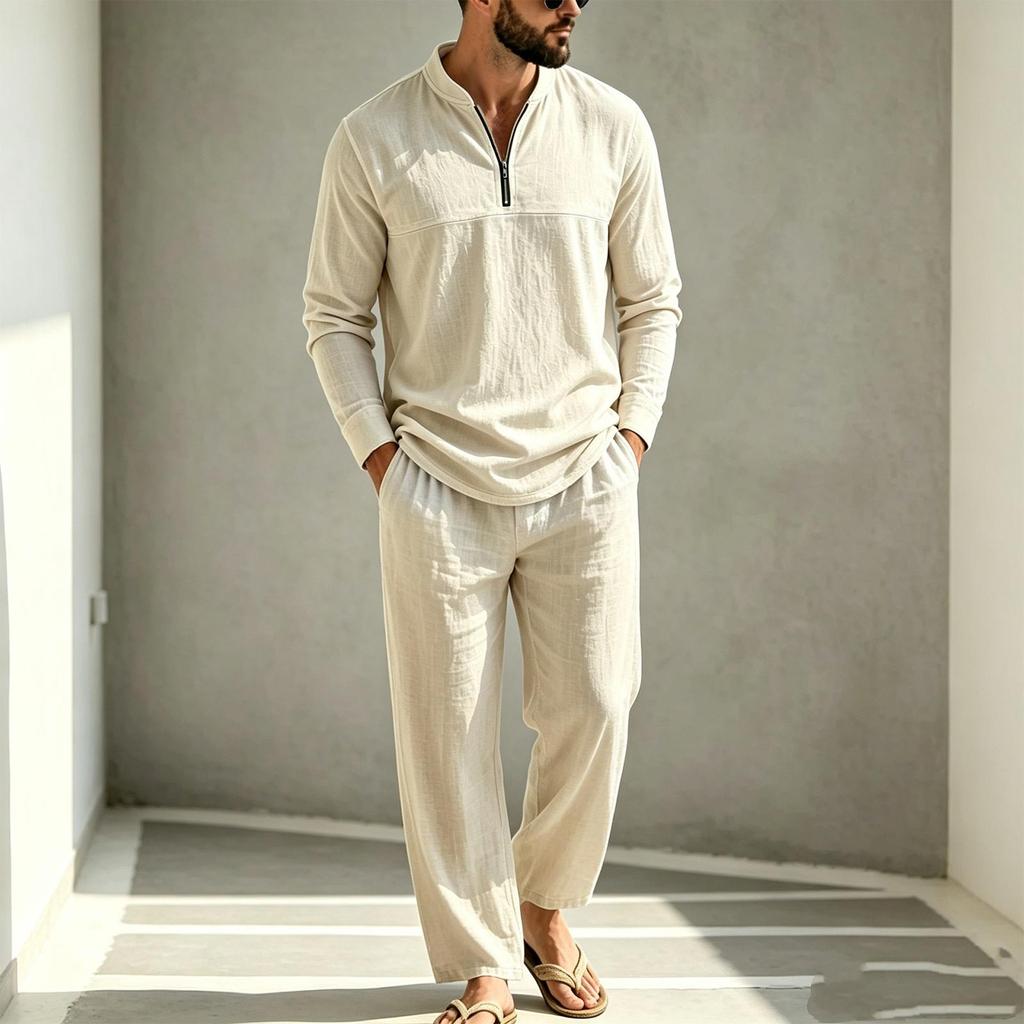 Men's Linen Two Piece Set Long Sleeve Shirt and Pants Casual Loose Fit Outfit