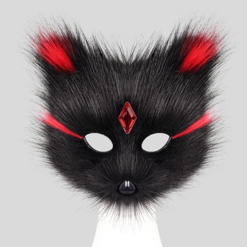 Plush Feline Foxes Half Face Mask With Sparkling Rhinestones Perfect For Costume Balls Lightweight Fabric