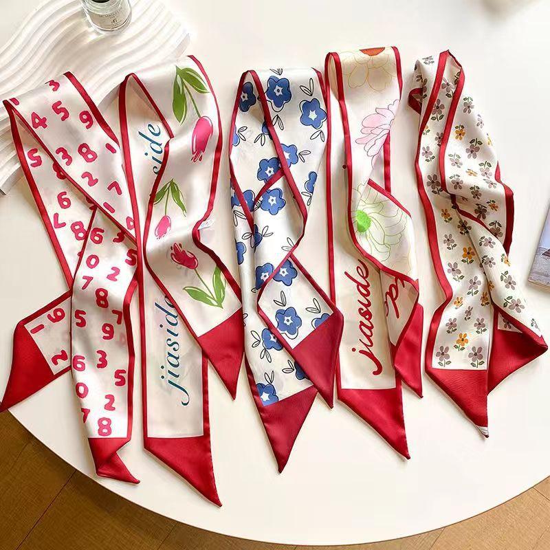 Small White And Tender Green Silk Scarf For Women, Thin Streamer, Headband, Hair Tie, Bag Decoration Long