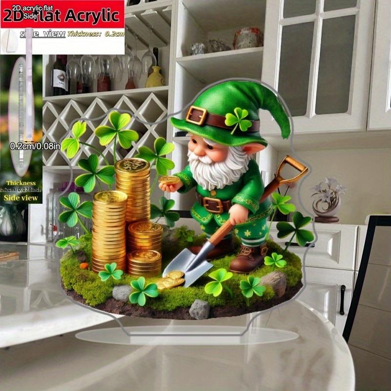  1pc Clover Green Gnome Creative Desktop Decoration, Acrylic Printed One-Piece L-Shaped Design, Suitable for Home, Farmhouse, Living Room, Bedroom 