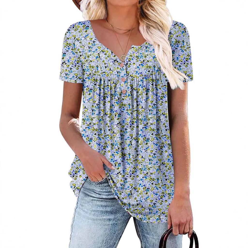 Tunica da donna con scollo a V manica corta taglie forti stampa floreale piccola pieghe sul davanti blusa casual