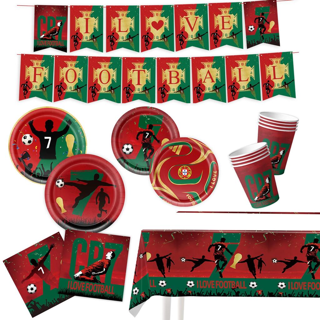 CR7 World Cup Star Fan Party Set: Plates, Cups, Napkins, Tablecloth, Banner & Decorations.