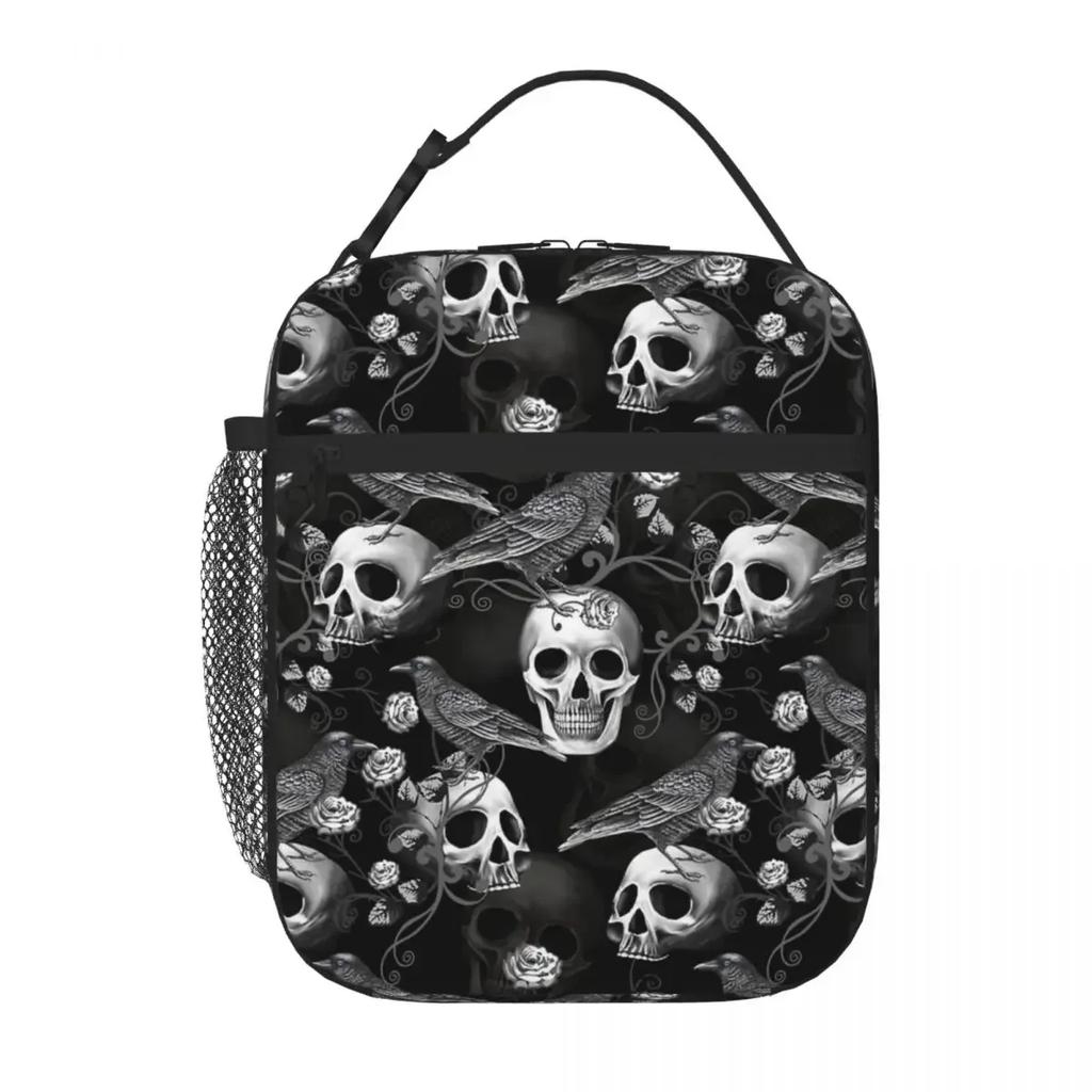 Gothic Crow And Skull Socks Insulated Lunch Bags Cooler Bag Meal Container Leakproof Lunch Box Tote Bento Pouch Work Picnic