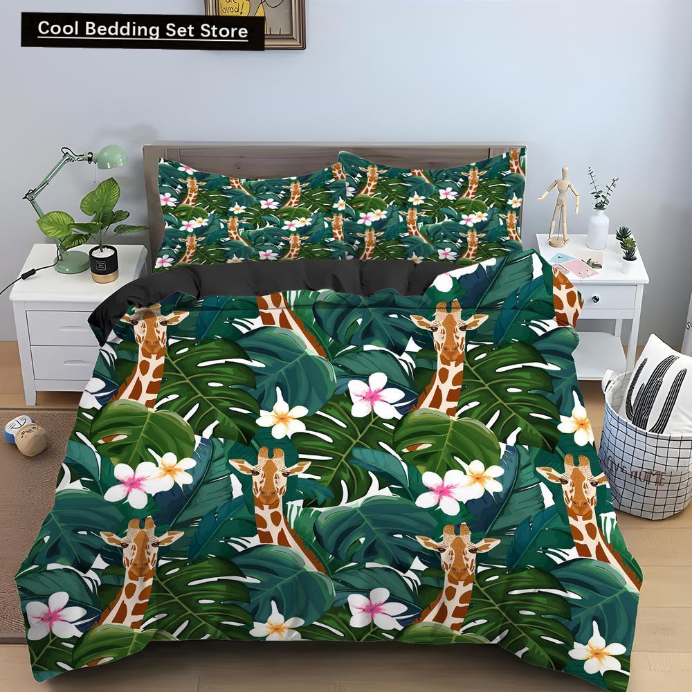 Cartoon Giraffe King Queen Duvet Cover Kids Girls Boys Animal Bedding Set Wildlife Quilt Cover 2/3pcs Polyester Comforter Cover