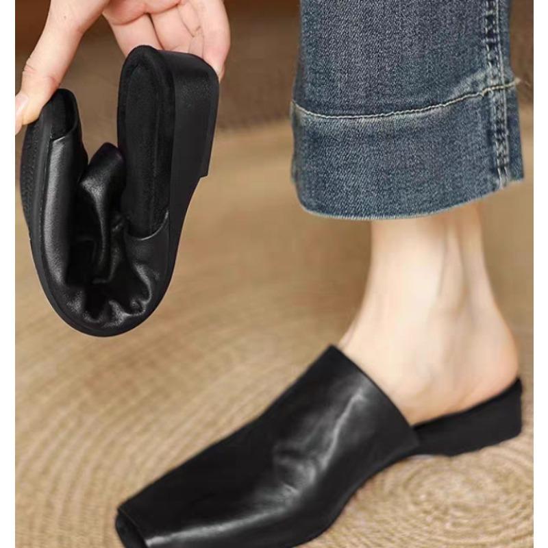 Fashion Summer New Women Shoes Square Toe Low-heel Shoes Slippers Retro Cowhide Leather Shoes for Women Casual Mules for Women Sandals
