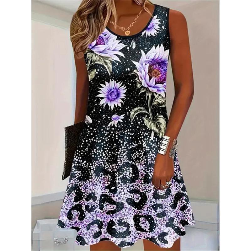 Sleeveless 3D Flower Printed Street Ladies Loose Dress