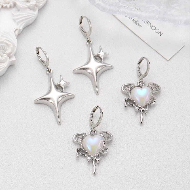 2 Pairs Women Opal Stone Heart Hoop Earrings Punk Y2K Cute Daily Wear Jewelry Party Gifts Simple Silver Color Star Earrings