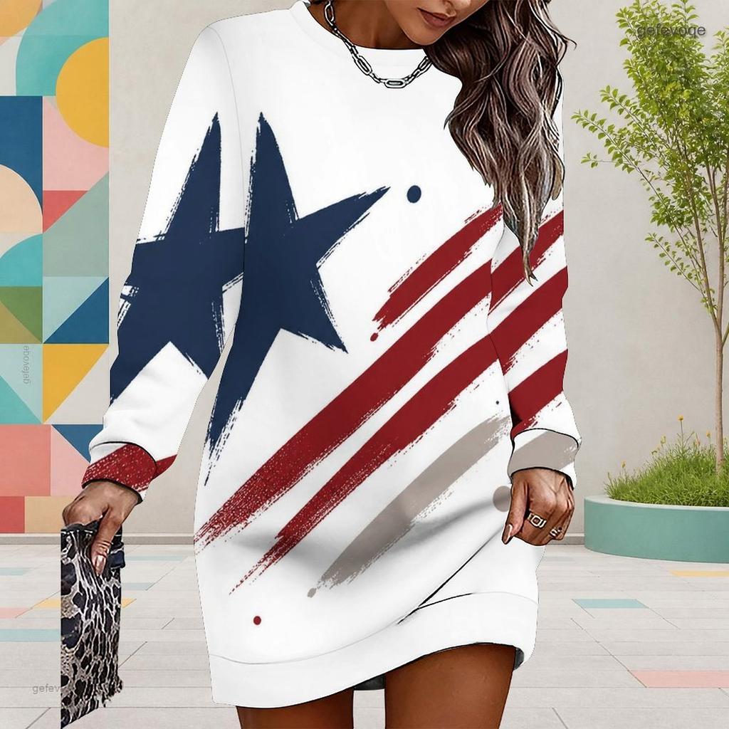 Women Plus Size Round Neck Long Sleeve American Eagle Printed Sweatshirt Mini Dress