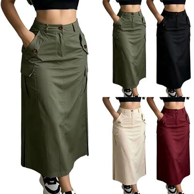Women's High Waist Cargo Skirt with Elastic Waist, Pockets and Side Slit, Color Casual Skirt for Everyday Wear