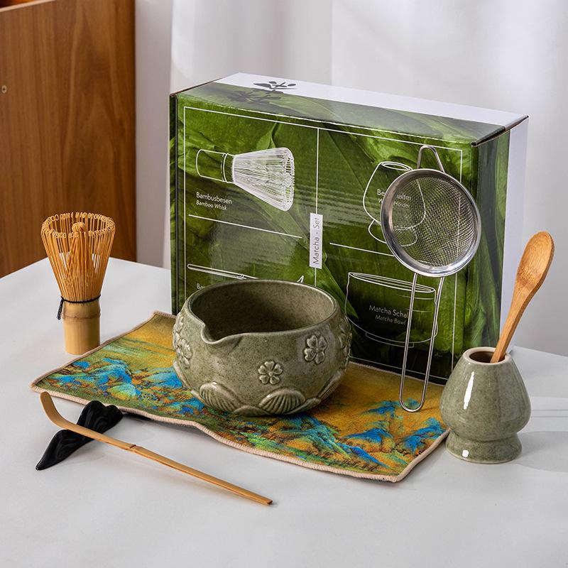 4-8pcs Cherry Blossom gradient pink Matcha Bowl with Matcha Whisk Set Japanese Tea Set Includes Matcha Bowl with Spout