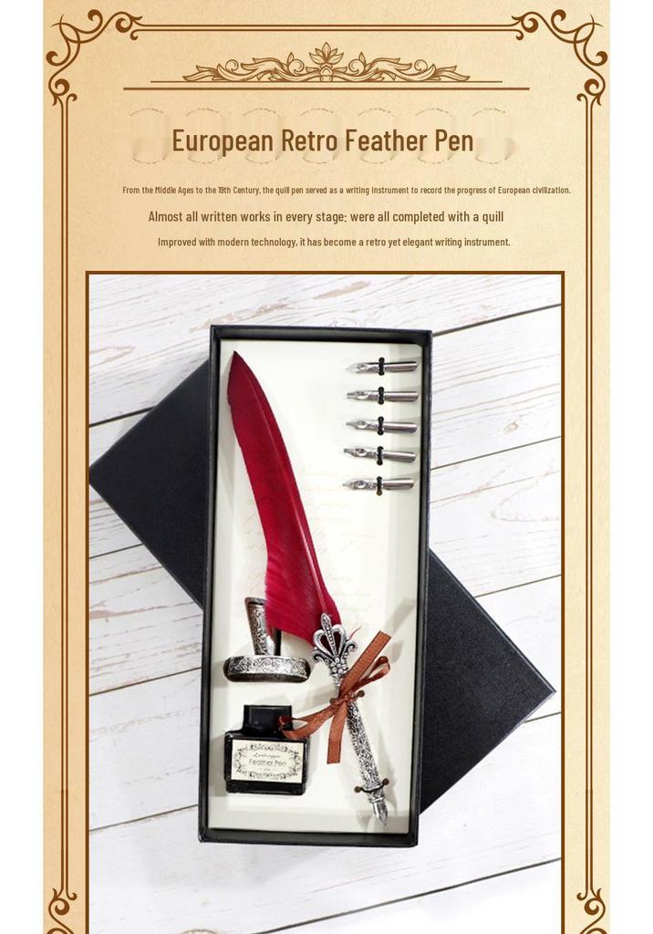 Goose Feather Pen Set with Carved Base and Stainless Steel Nibs - Unique Gift