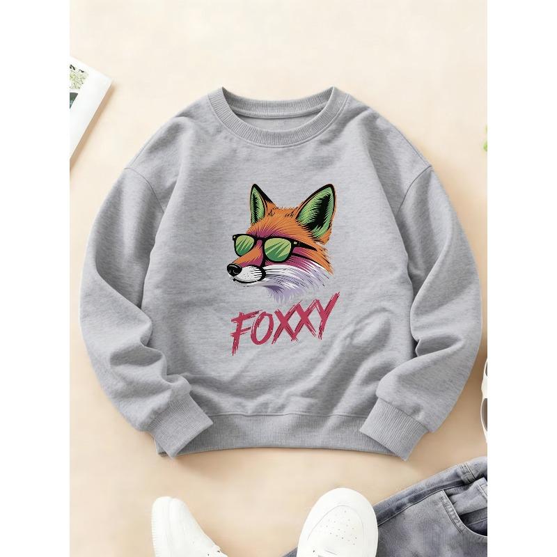 Kids Crewneck Long Sleeve Sweatshirt, Cool Trendy Glasses Fox FOXXY Pet Print