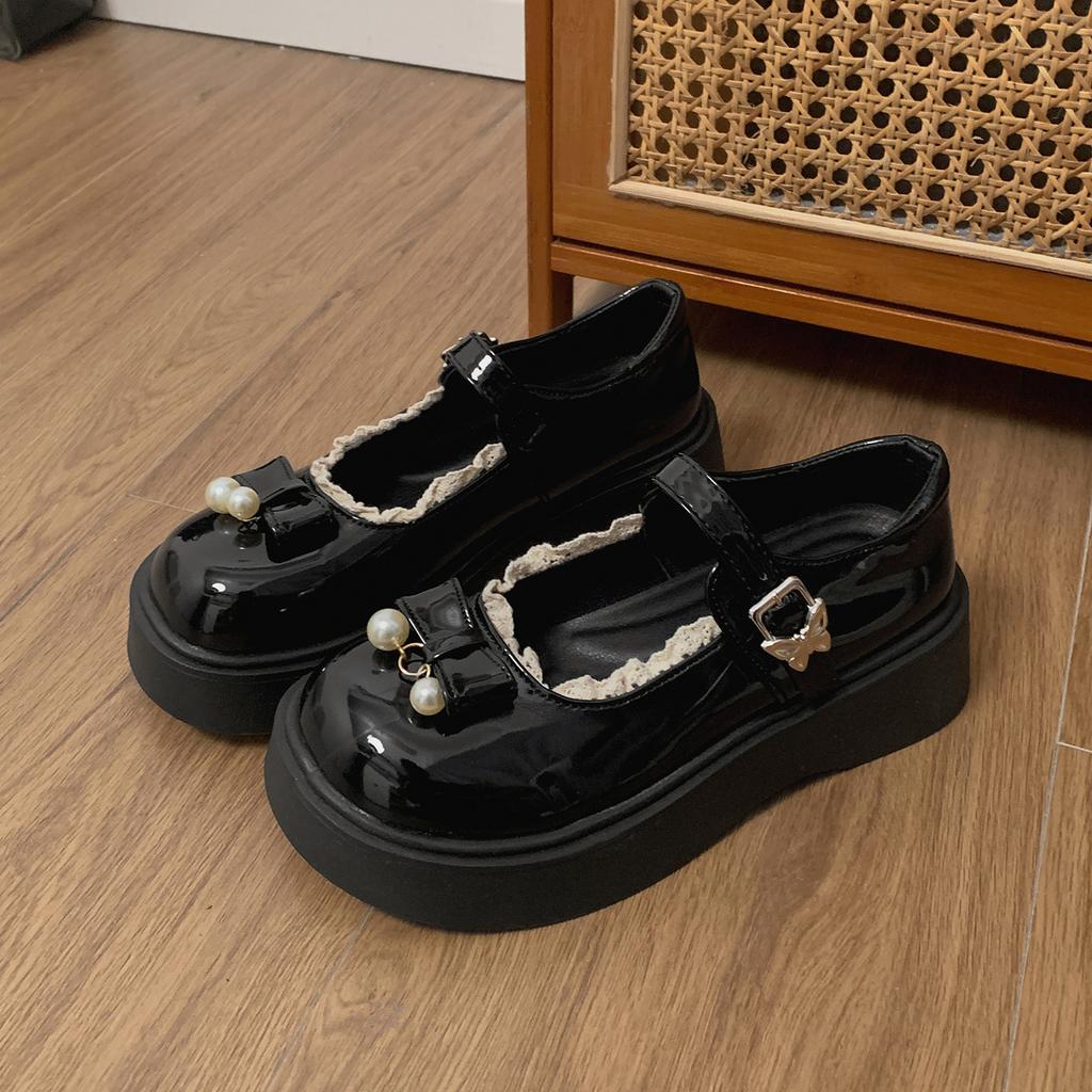 Black French Round Head Shallow Mouth Platform Single Shoes Women's Summer 2025 New Small Leather Shoes Versatile with Skirts Mary Jane Shoes