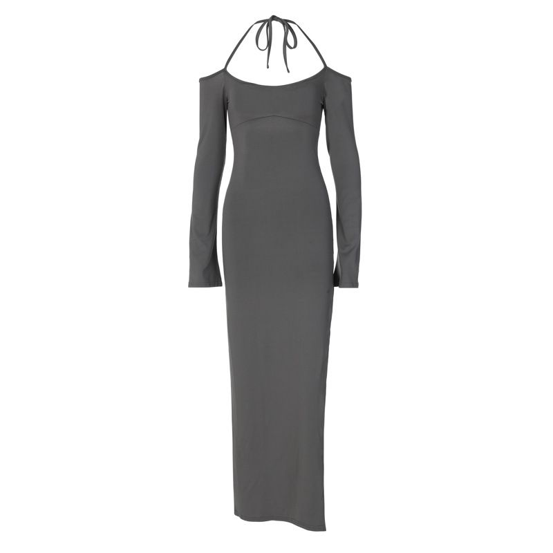 

Чистое Желание Взрослая Леди как Женщина Сексуальное Европейское и Американское Миди-платье с разрезом Сексуальное с открытыми плечами Халтернек С длинными рукавами Приталенное Платье Женщины Dark gray S