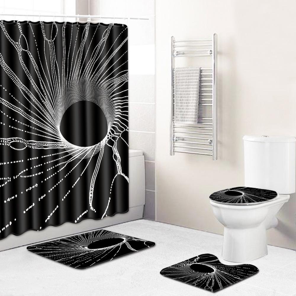 Retro Geometric Bathroom Four-Piece Waterproof Shower Curtain Bedroom Non-Slip Carpet Floor Mat Door Mat