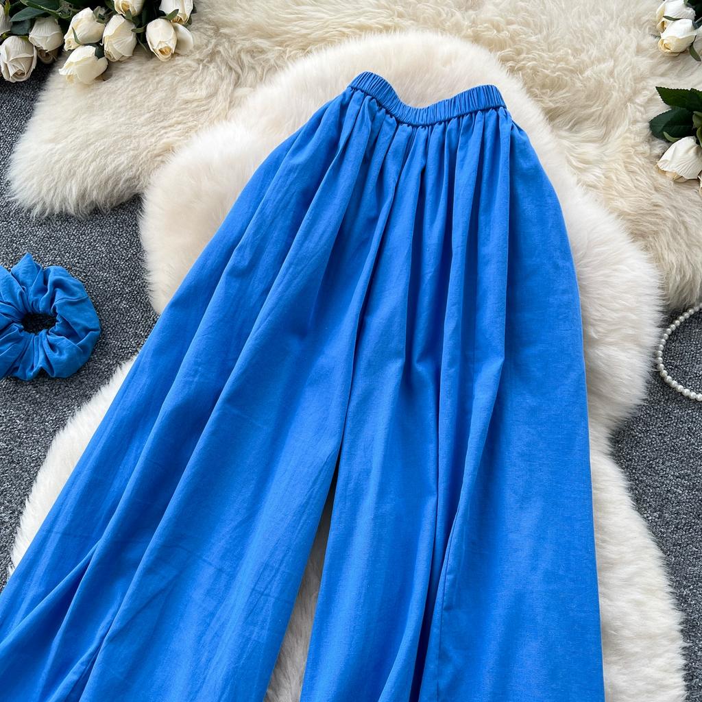 Summer Women Chic Boho Elastic Waist Wide Leg Ankle Length Pant Trouser With Pocket