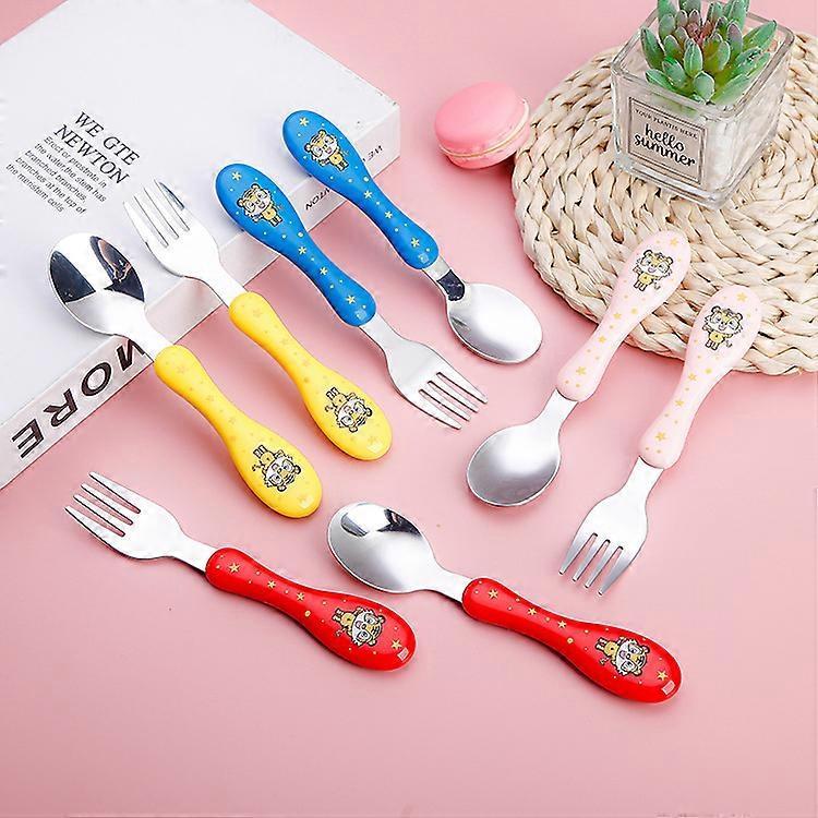 Dww-A Set of Red Tiger Spoon and Fork + Cartoon Spoon Box, Baby Learning and Training Spoon, Portable Household Tableware Set