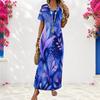 Women Plus Size V Neck Short Sleeve Red Floral Printed Long Straight Dress