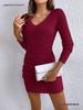 2026 European & American Slim-Fit Ribbed V-Neck Long-Sleeved Hip-Hugging Dress for Spring & Autumn