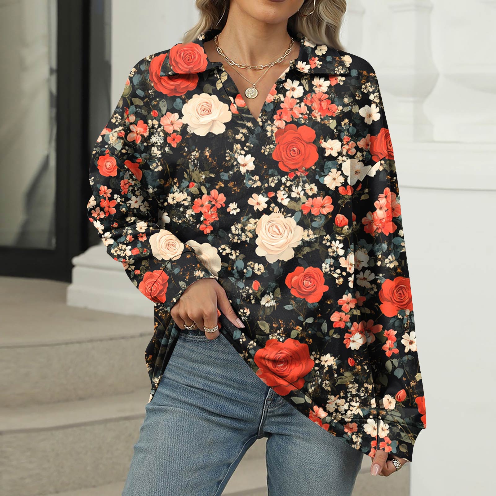 

Женская летняя модная повседневная рубашка с v-образным вырезом и длинным рукавом с принтом, топ S красный