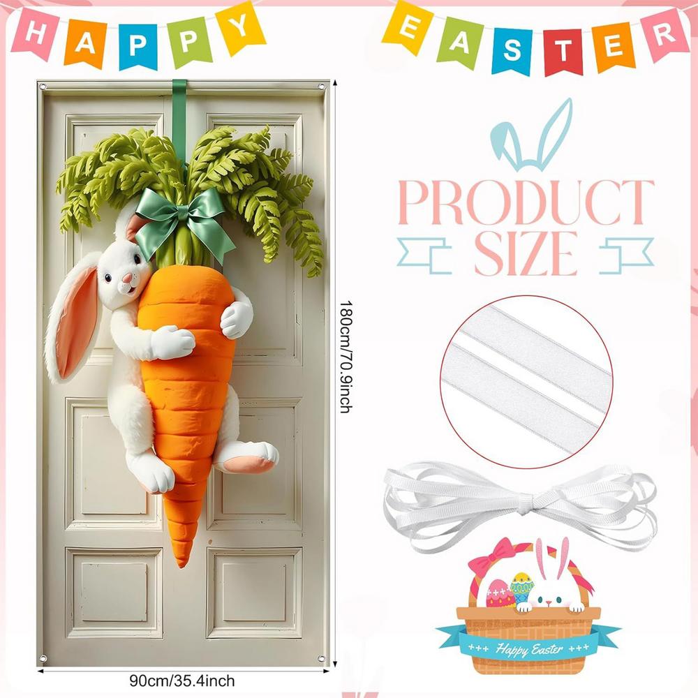 

Easter Door Banner Bunny Carrot Party Backdrop Front Door Covers for Outdoor Porch Home Farmhouse Holiday Party Celebration