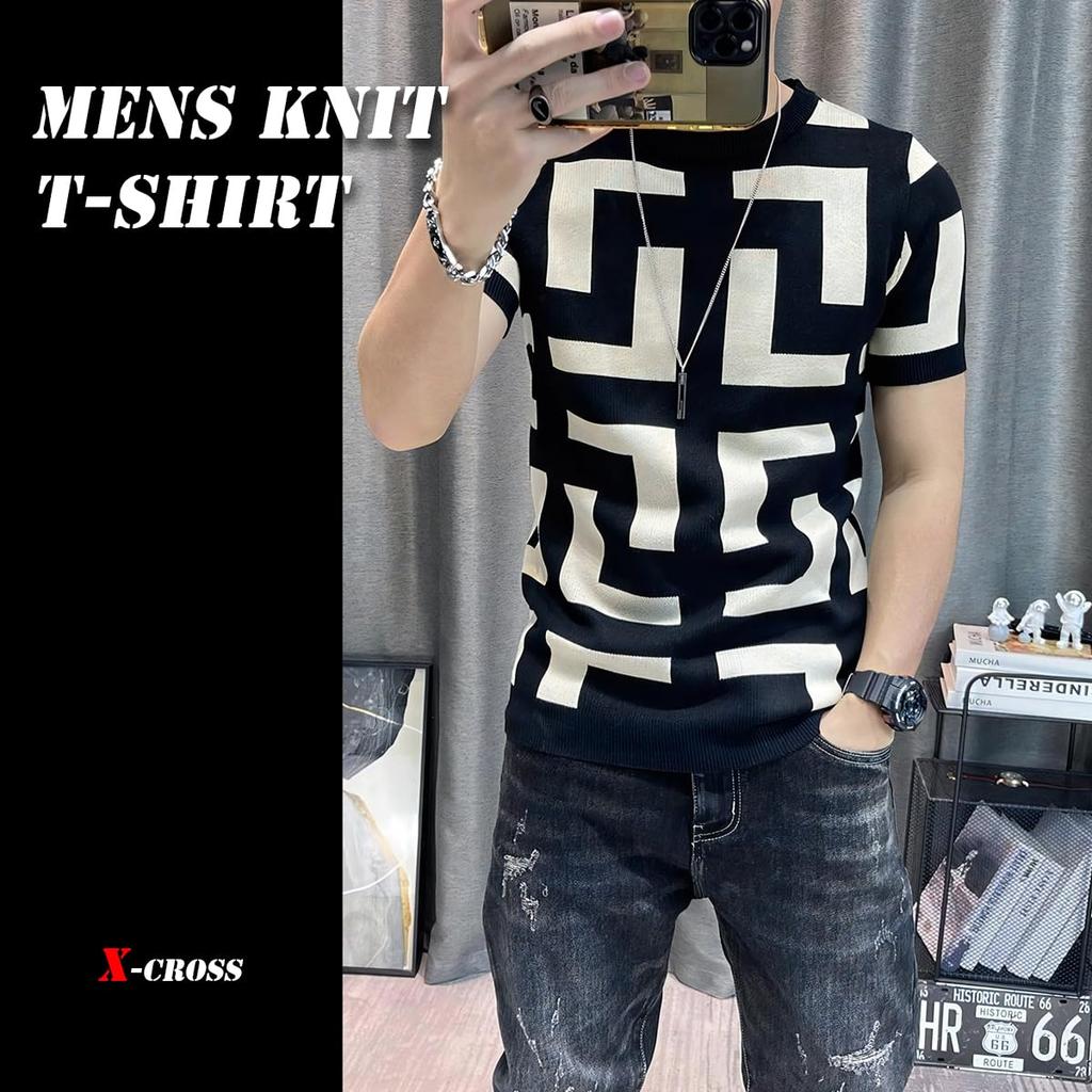 Short Sleeve Knit Summer Slim Geometric Thick Knit Korean Street Cool and Crew Plus Sizes Adults In Their 30s and Tight Slim Stretch Stylish X-cross
