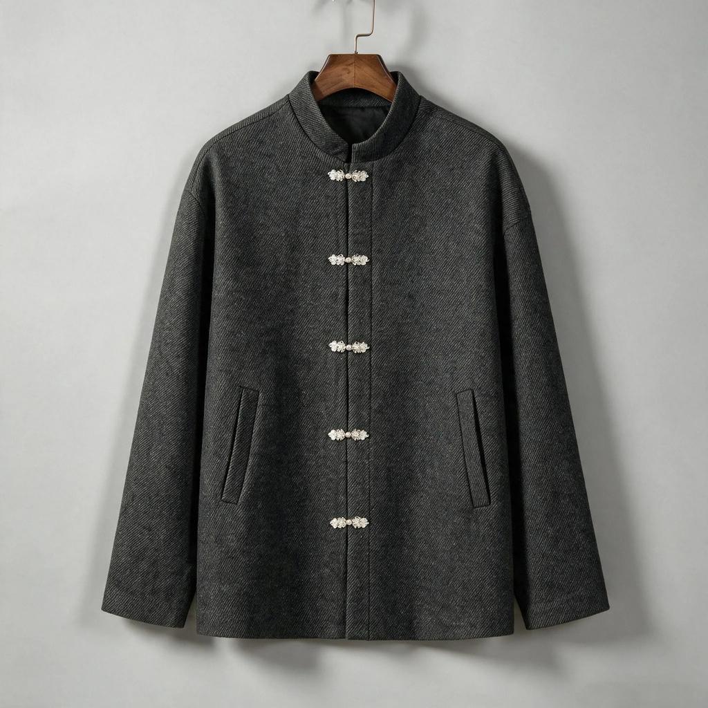 Men Mandarin Collar Woolen Jacket Men Kung Fu Shirt Chinese Style Hanfu Robe Traditional Overcoat Vintage Oriental Coats