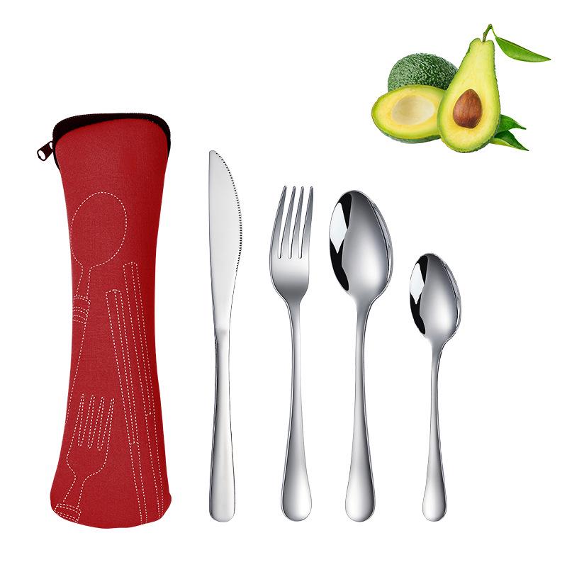 Stainless Steel Travel Cutlery Set: Knife, Fork, Spoon, Bottle Opener with Portable Storage Bag for Outdoor Camping
