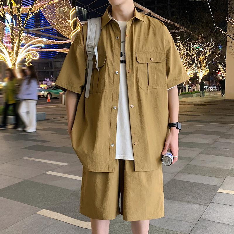 Men's Quick-Dry Outdoor Two-Piece Set: Lapel Short Sleeve Shirt & Loose Shorts