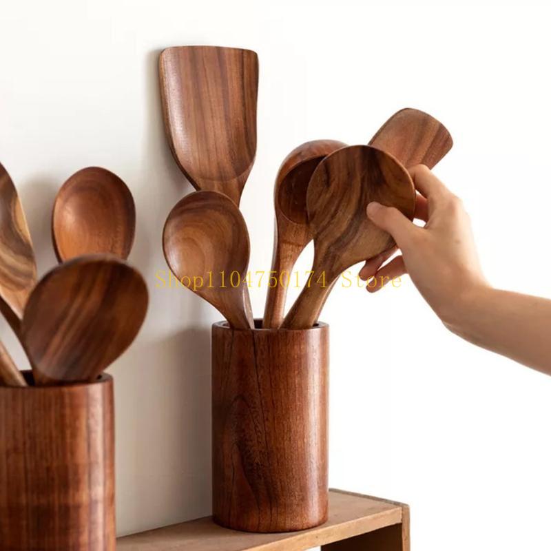 8 Pcs Wooden Tableware for Cooking Utensils Rack Natural Teak Comfortable Kitchen Cooking Utensils Set With Holder top sale China Mainland