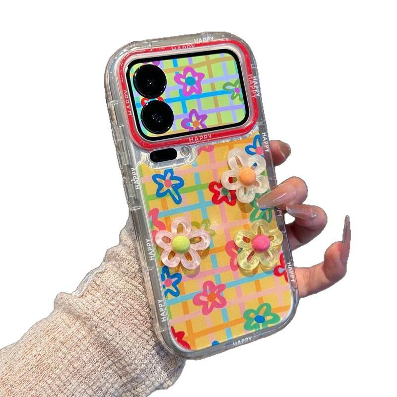 Plaid three-dimensional flower bracket is suitable for Apple 17promax mobile phone case 16/15/14 cute Xiaomi 17 women