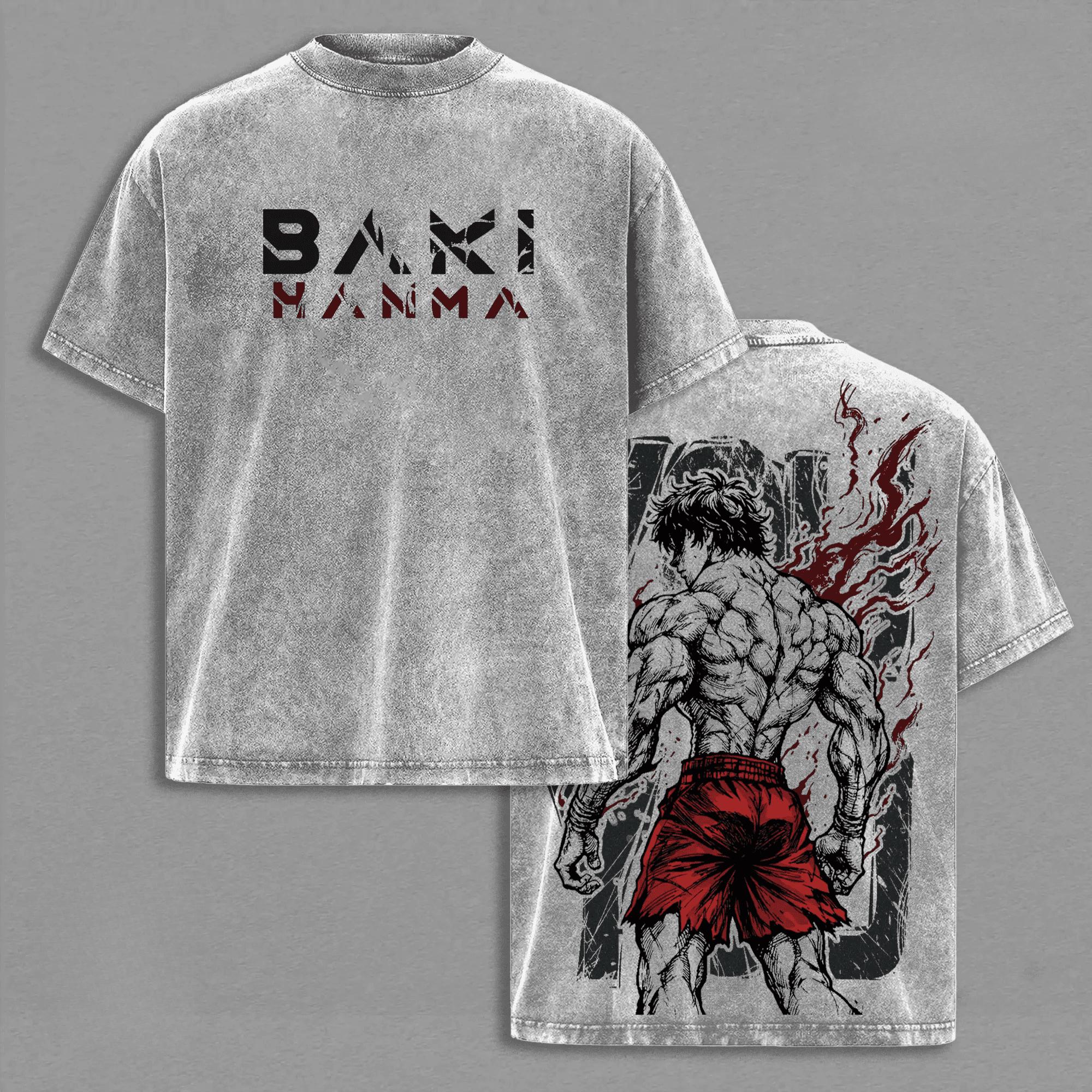 

Baki Anime T-shirt Manga Printed Tshirt Men‘s Clothing Vintage Washed Oversized T Shirt Short Sleeve 100% Cotton Tees Tops XXL сірий колір