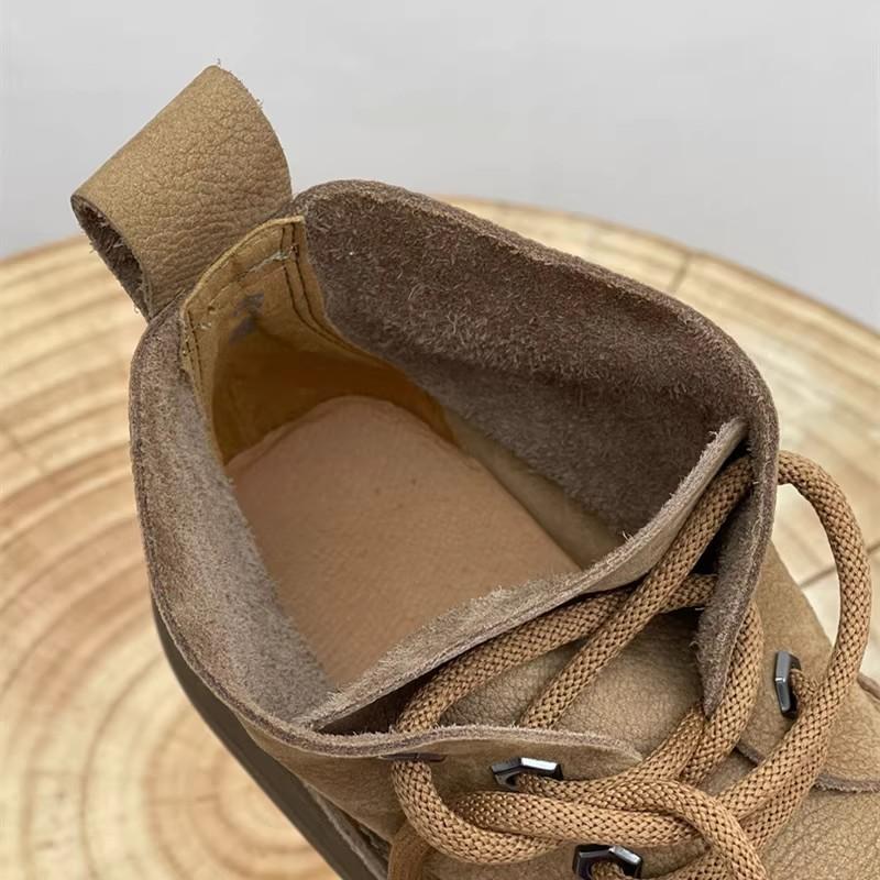 Fashion Women's Genuine Leather Ankle Boots Plush Fur Warm Winter Ladies Flat Shoes British Style Lace-Up Round Toe Women Short Boots