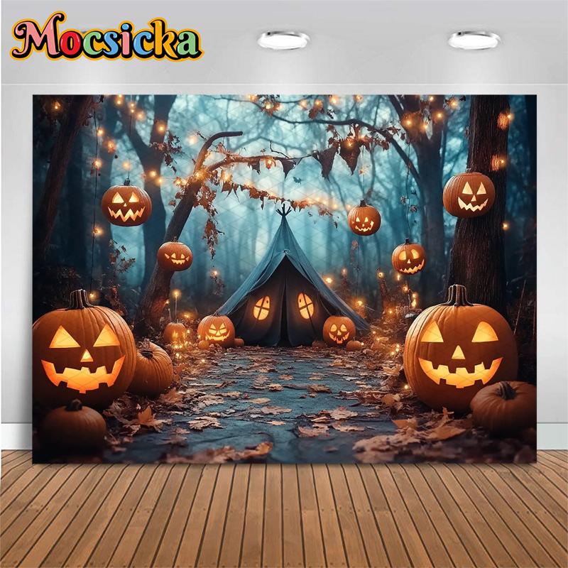 Mocsicka Halloween Photo Backgrounds Shooting Props Terror Forest Tree Tent Bat Jack-O-Lanterns Party Decor Photography Backdrop