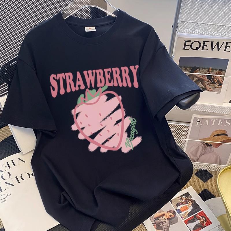 Women's Summer Strawberry Print Round Neck Short-Sleeve Plus Size Casual T-Shirt