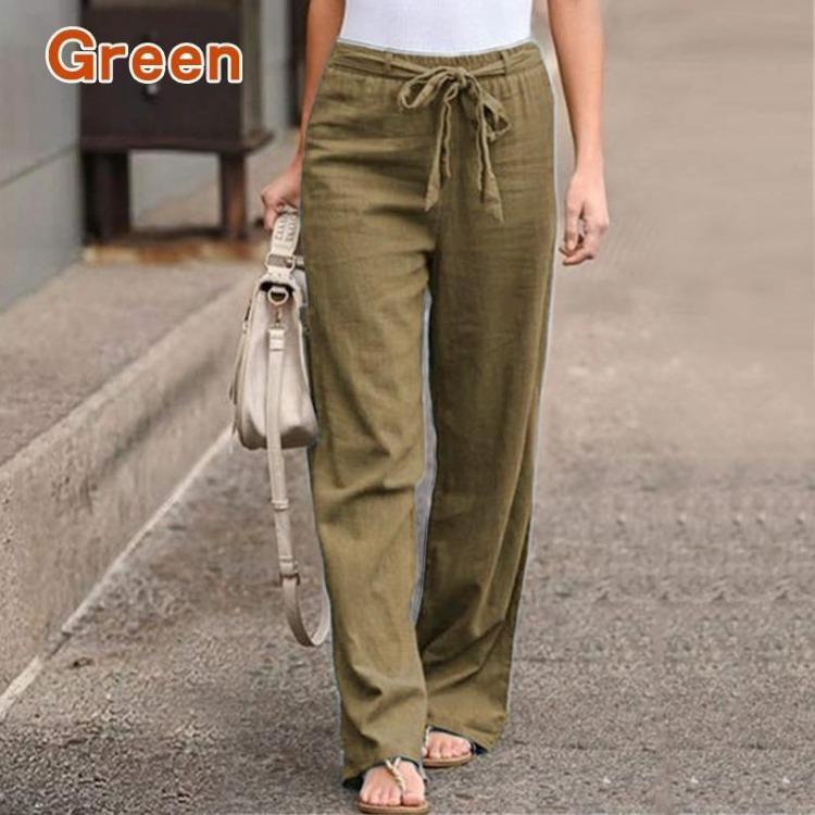 Comfortable Women Casual Pants Loose Elastic Waist Wide Leg Straight Long Trousers Solid Polyester Cotton Autumn
