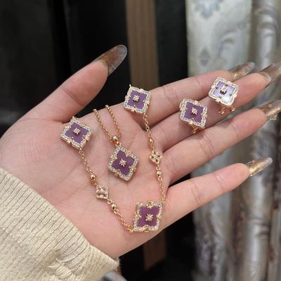 Italy Buchi Vintage Court Violet Set Four Leaf Clover Bracelet Necklace Earrings High Temperament