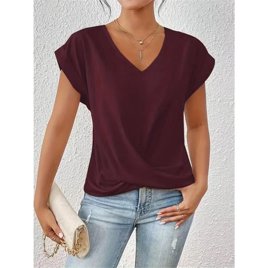 Women's V Neck Rolled Cap Sleeve T Shirt Front Twist Knot Solid Color Elegant Summer Blouse
