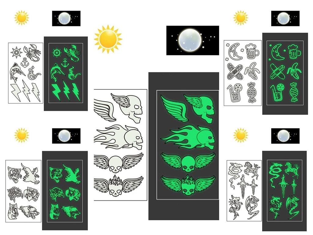 S.A.V.I 5PCS. Glow In Dark Temporary Tattoo Stickers for Men Women, Luminous Fluorescent Tattoos Waterproof Fake Tattoo Body Art Water Transfer Stic