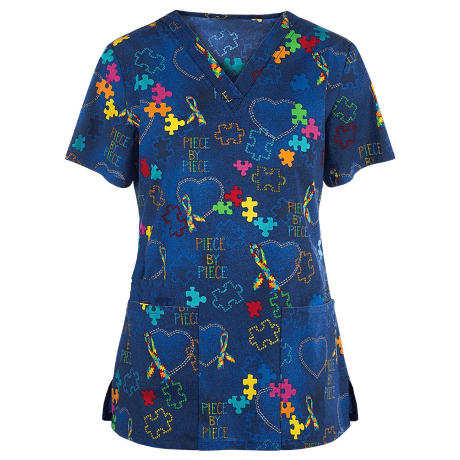

Women Short Sleeve V Neck Cartoon Pattern Tops Working T-shirts M синій