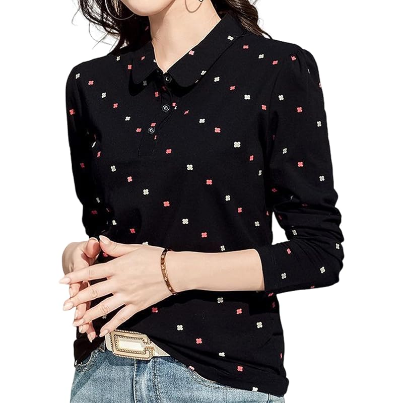 

[Tunatch] polo shirt long sleeve tops with collar dot pattern cotton material ventilation spring summer autumn ladies stretch office clothes office