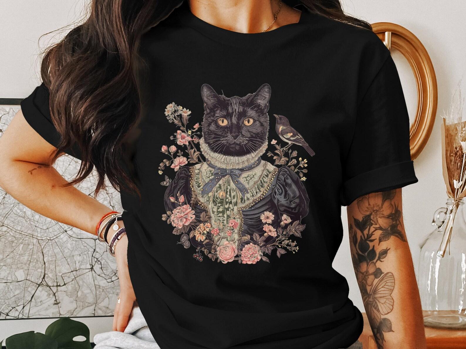 Vintage Cat Art Cottagecore T-Shirt, Retro Animal Illustration Floral Design Tee, Whimsical Cat and Bird Print Shirt L